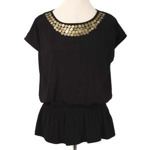 CYNHIA STEFFE Black Metal Coin Neckline Short Sleeve Peplum Top Size Small